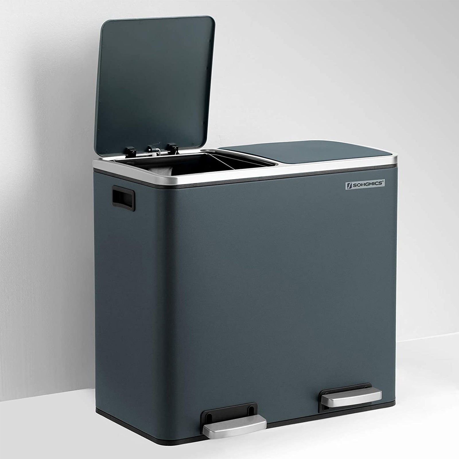 Fingerprint Proof Recycling Bin – Plastic – White – Double Compartment with Soft-Close Lids and Pedals