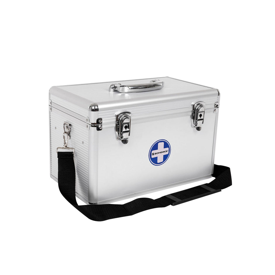 First Aid Medicine Case – ABS – Silver – Portable with Carry Handle and Strap