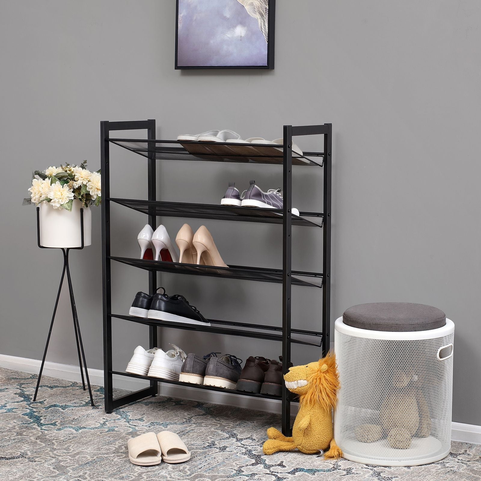 Shoe Rack – Metal Mesh – Cool Grey – 5-Tier Stackable Design for 15 to 20 Pairs