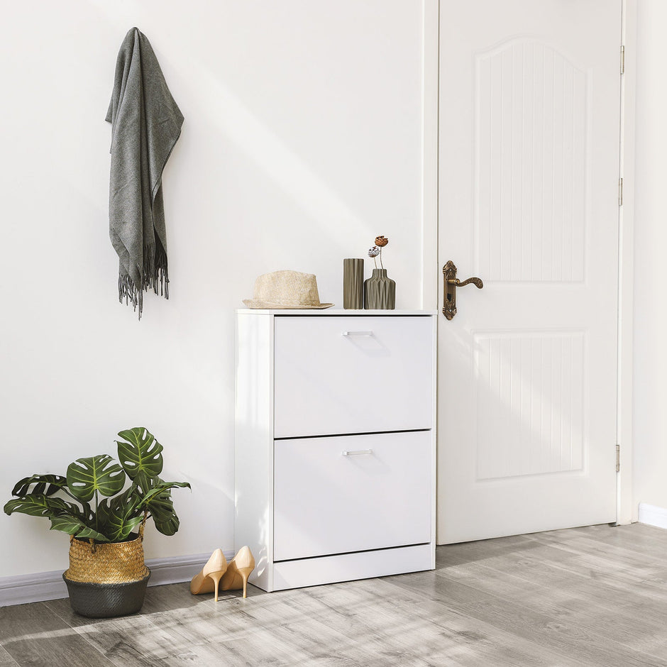 Shoe Cabinet – Engineered Wood – White – 2 Flip Doors for Boot and Heel Storage