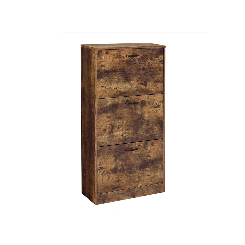 Shoe Cabinet – Wood – Rustic Brown – 3-Tier with Flip Doors