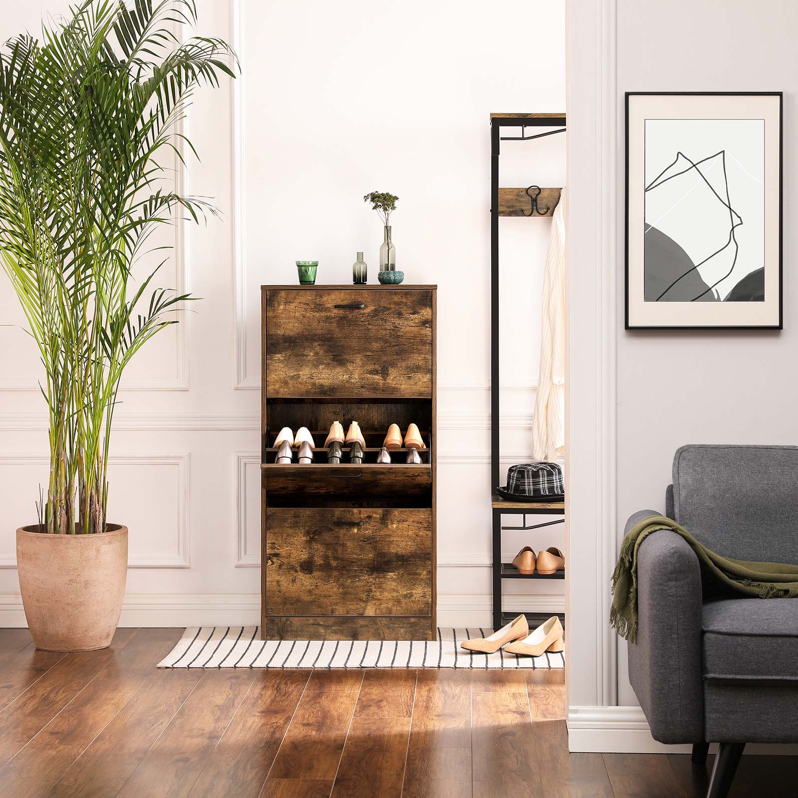 Shoe Cabinet – Wood – Rustic Brown – 3-Tier with Flip Doors