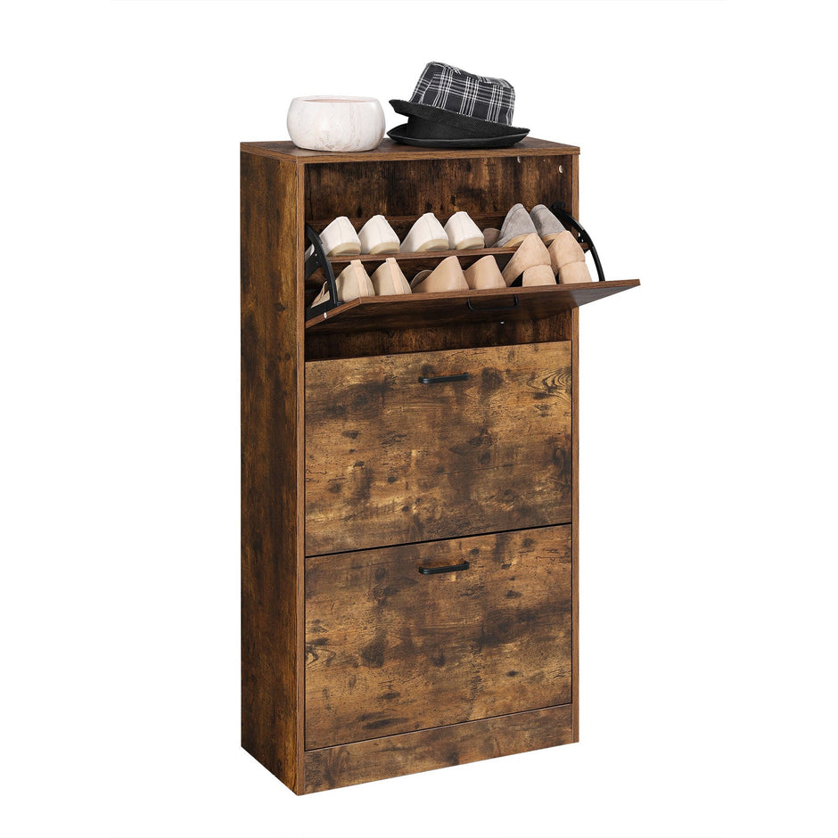Shoe Cabinet – Wood – Rustic Brown – 3-Tier with Flip Doors