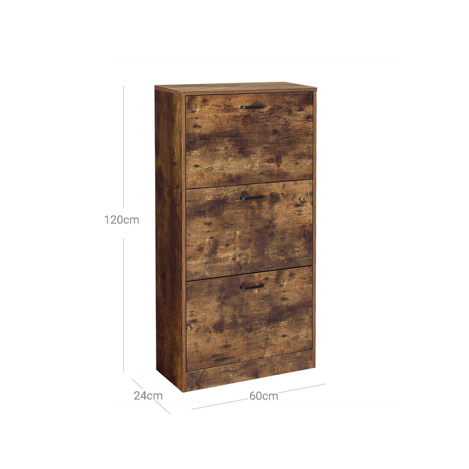 Shoe Cabinet – Wood – Rustic Brown – 3-Tier with Flip Doors