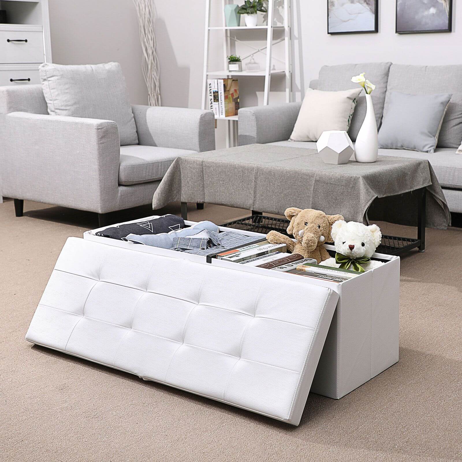 Folding Storage Ottoman Bench – Fabric – White – Foldable with High Load Capacity