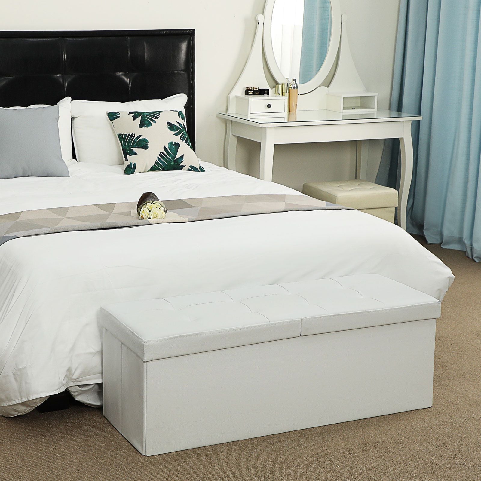Folding Storage Ottoman Bench – Fabric – White – Foldable with High Load Capacity