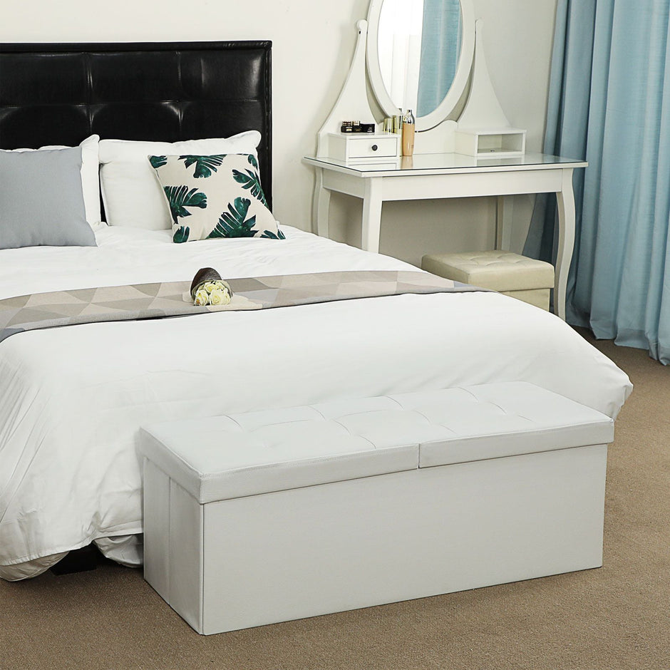 Folding Storage Ottoman Bench – Fabric – White – Foldable with High Load Capacity