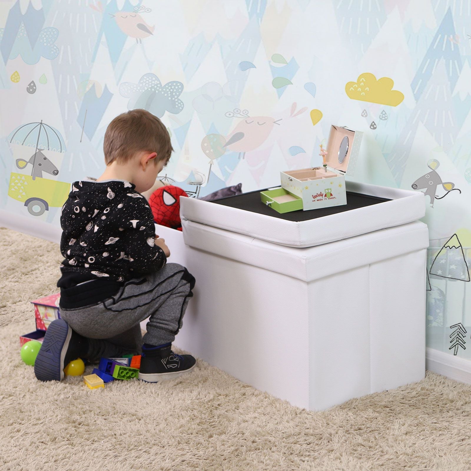 Folding Storage Ottoman Bench – Fabric – White – Foldable with High Load Capacity
