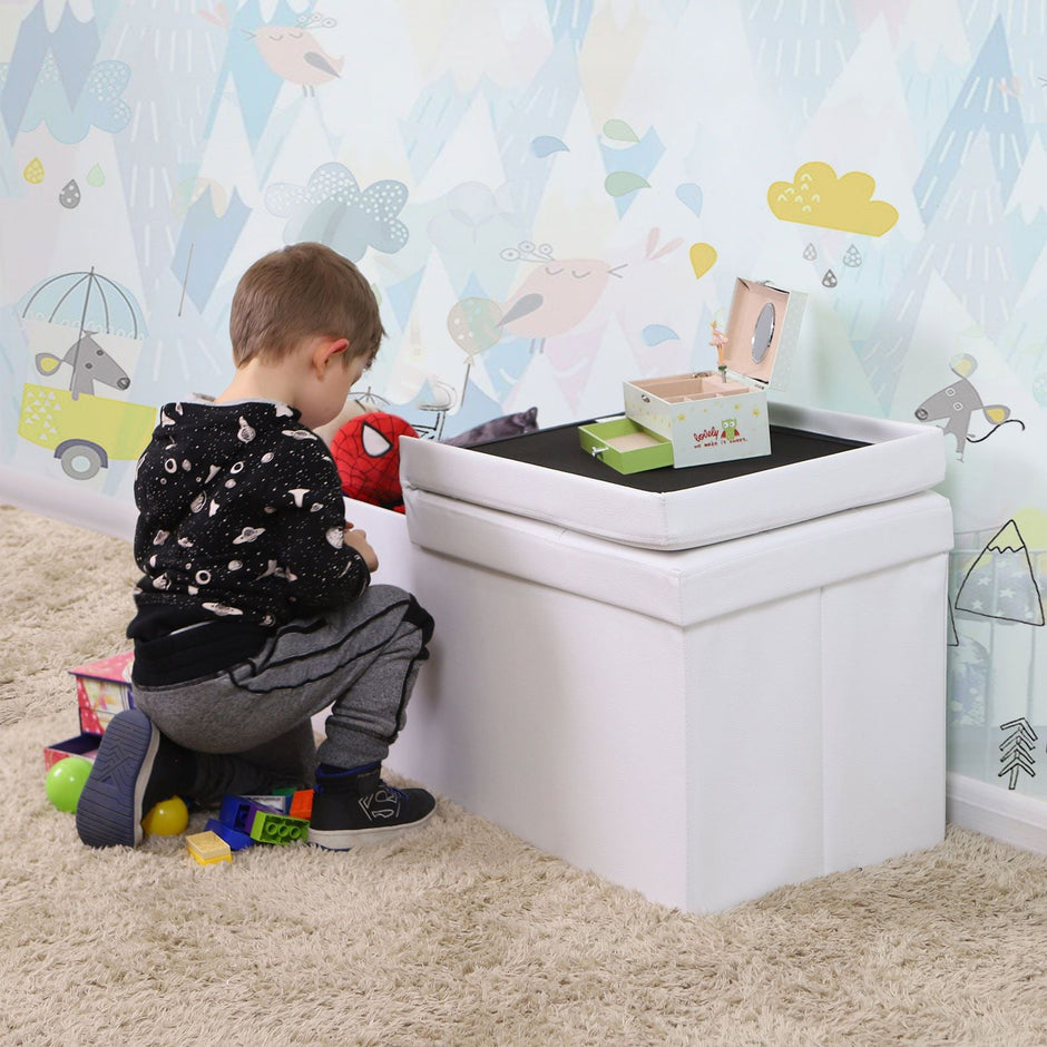 Folding Storage Ottoman Bench – Fabric – White – Foldable with High Load Capacity