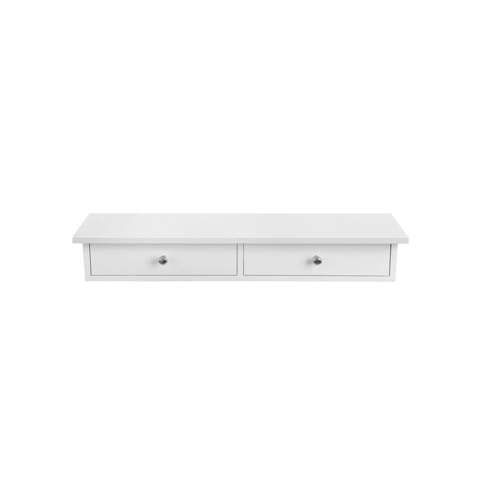 Floating Wall Shelf – MDF – White – Dual Drawer Storage