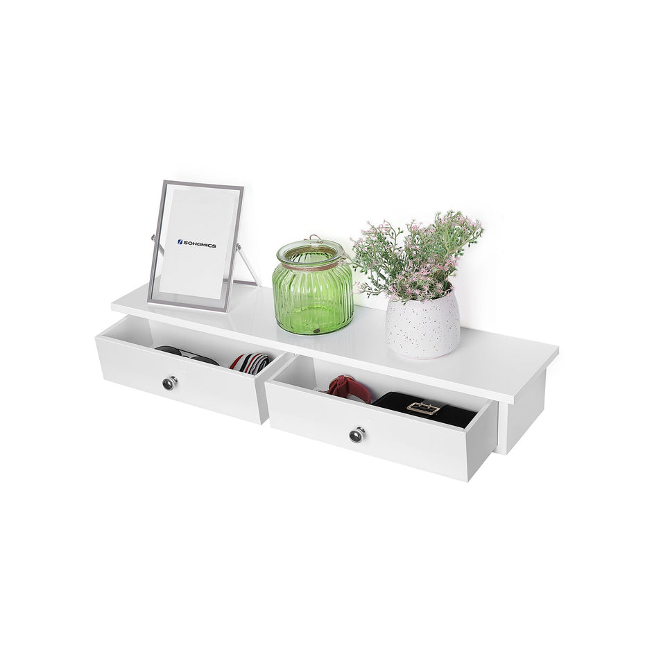 Floating Wall Shelf – MDF – White – Dual Drawer Storage