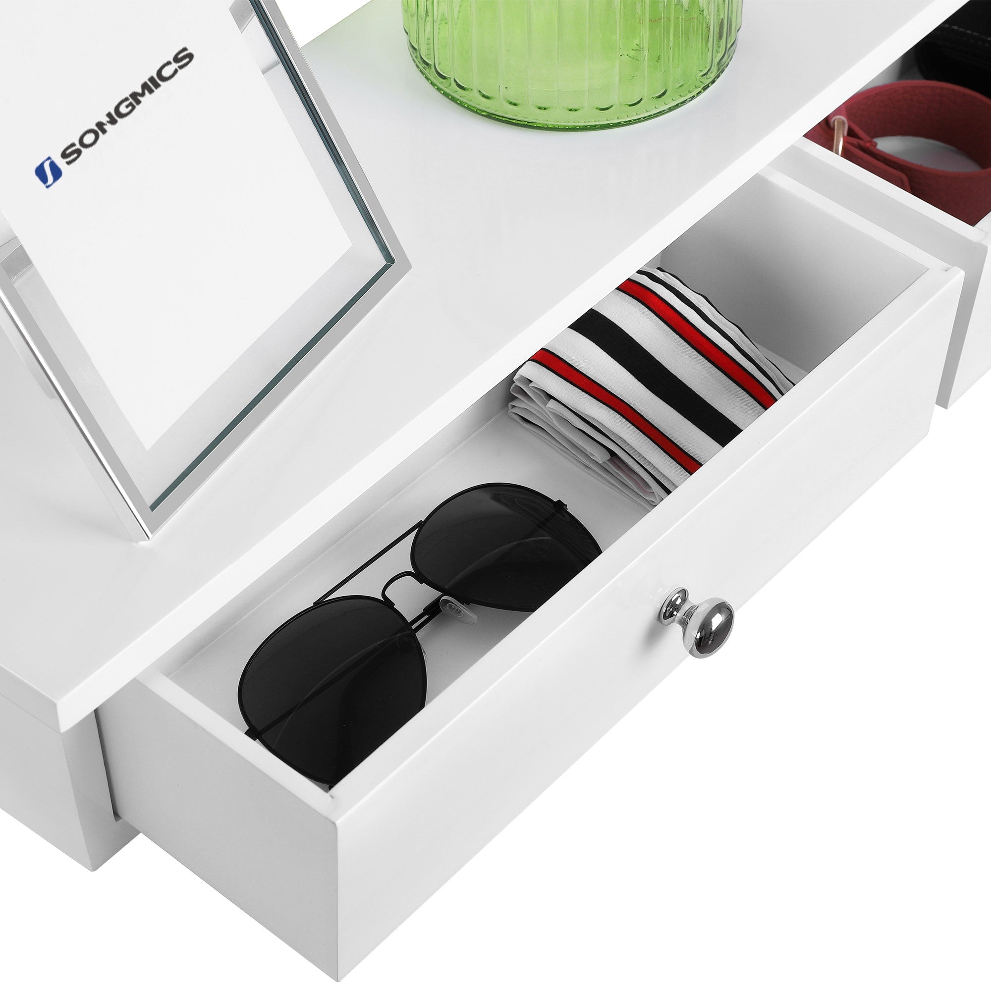 Floating Wall Shelf – MDF – White – Dual Drawer Storage
