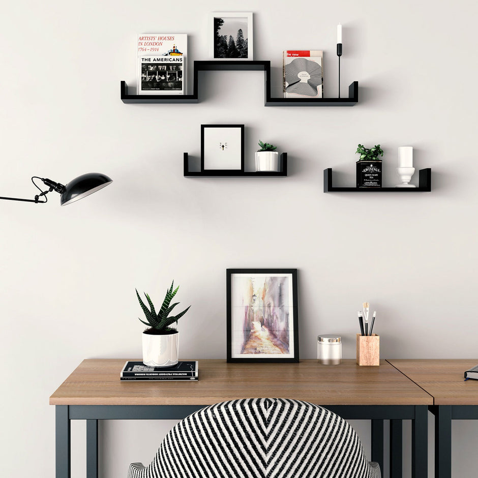 Floating Wall Shelves – MDF – Black – Modern High Gloss Finish with Invisible Mounting