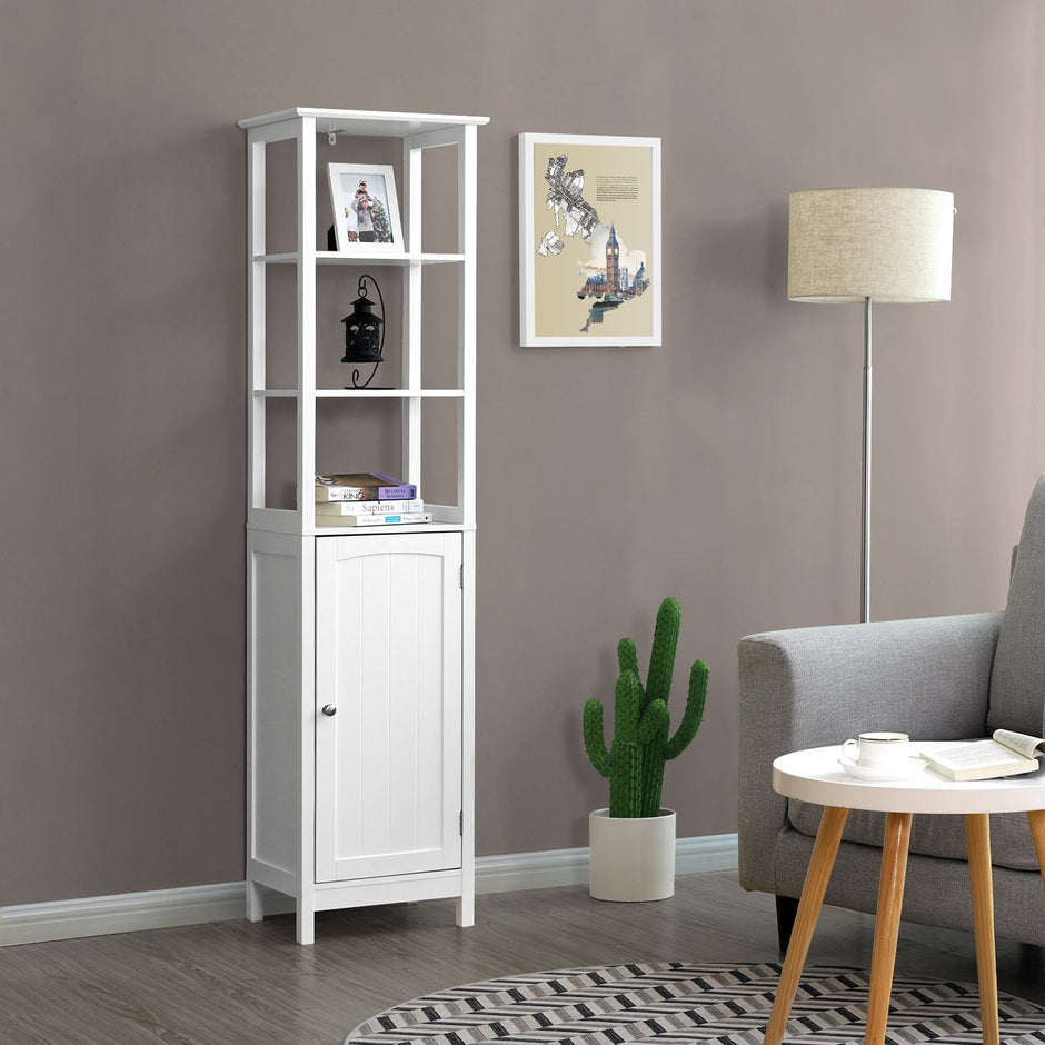 Multifunctional Tall Cabinet – Wood – White – 3-Tier Storage for Bathroom