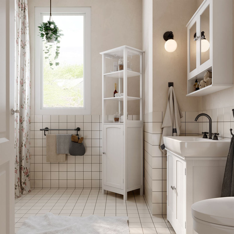 Multifunctional Tall Cabinet – Wood – White – 3-Tier Storage for Bathroom