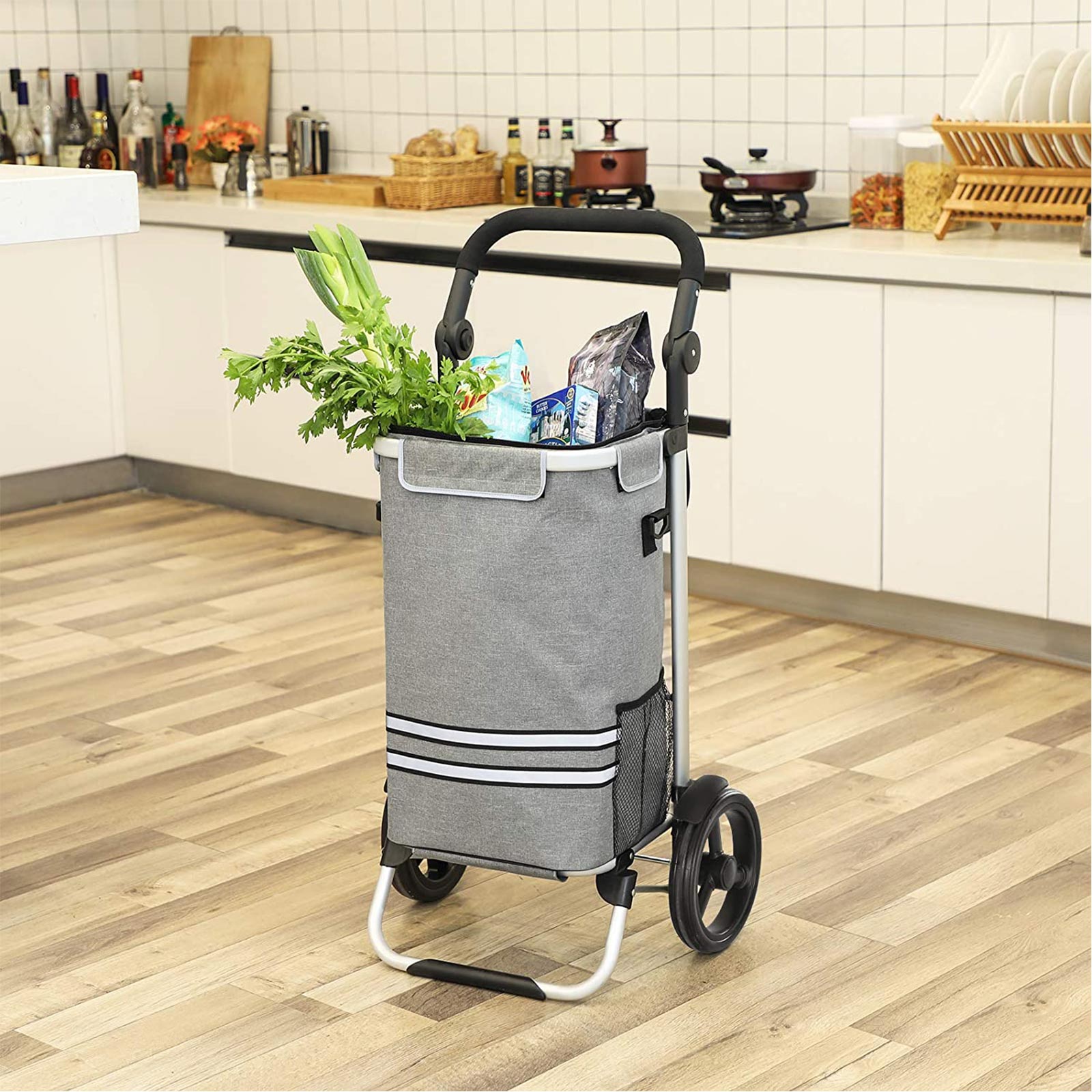 Foldable Shopping Cart – Solid Material – Grey – With Insulated Cooling Bag and Large Capacity 35L