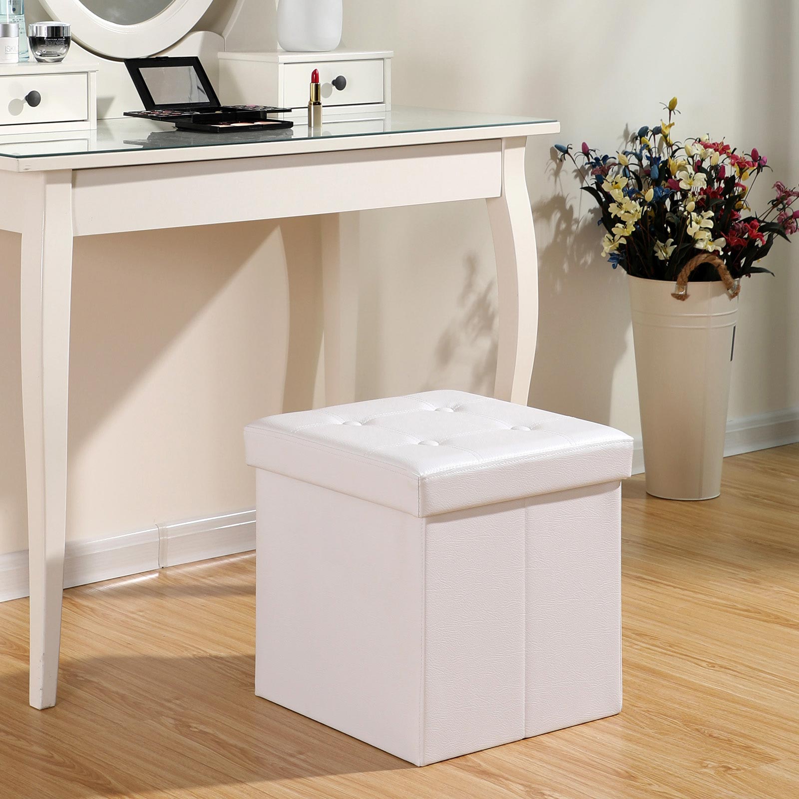 Foldable Stool – Faux Leather – White – Strong and Durable Storage Ottoman