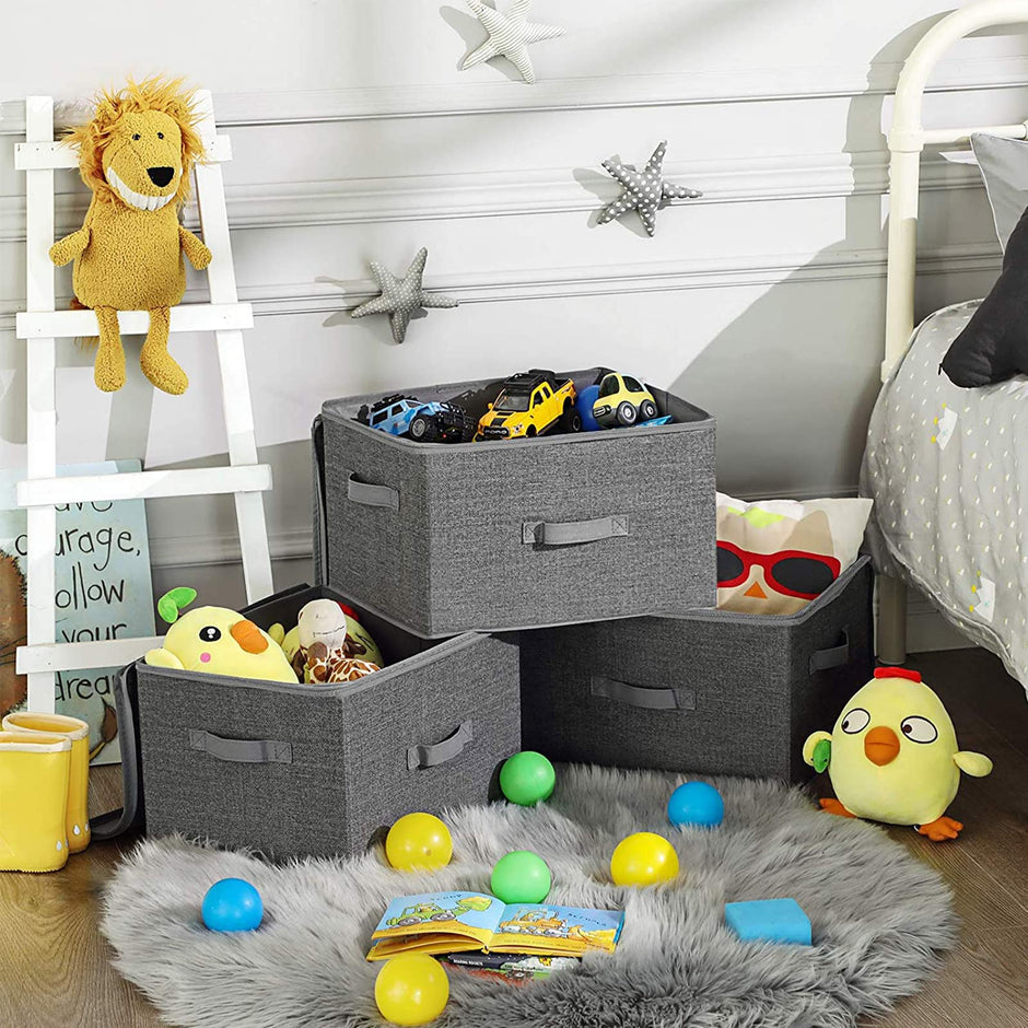 Foldable Storage Basket – Fabric – Grey – Lidded with Handles