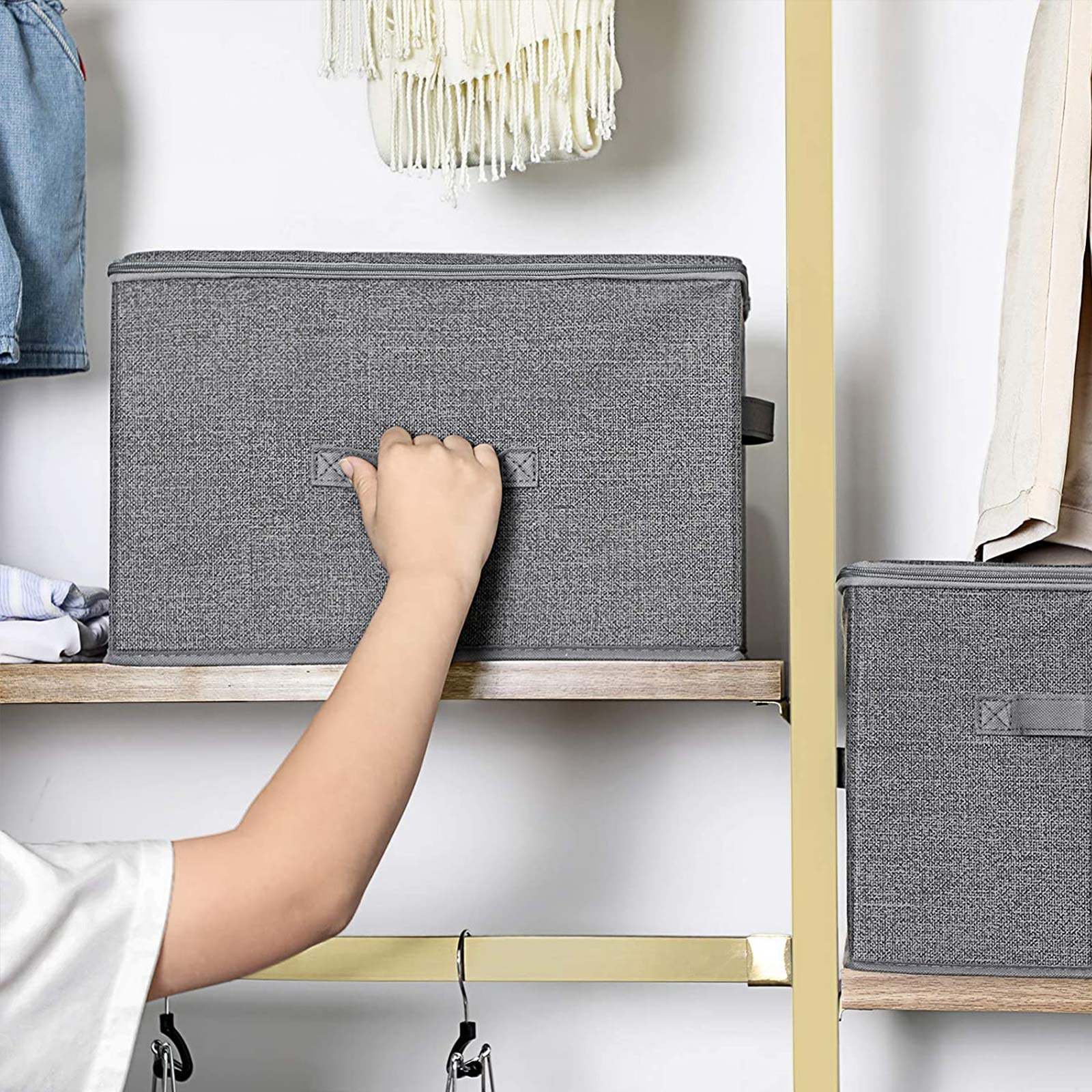 Foldable Storage Basket – Fabric – Grey – Lidded with Handles