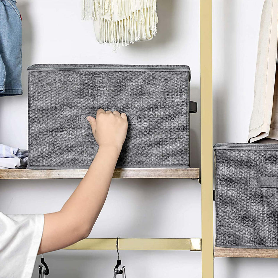 Foldable Storage Basket – Fabric – Grey – Lidded with Handles