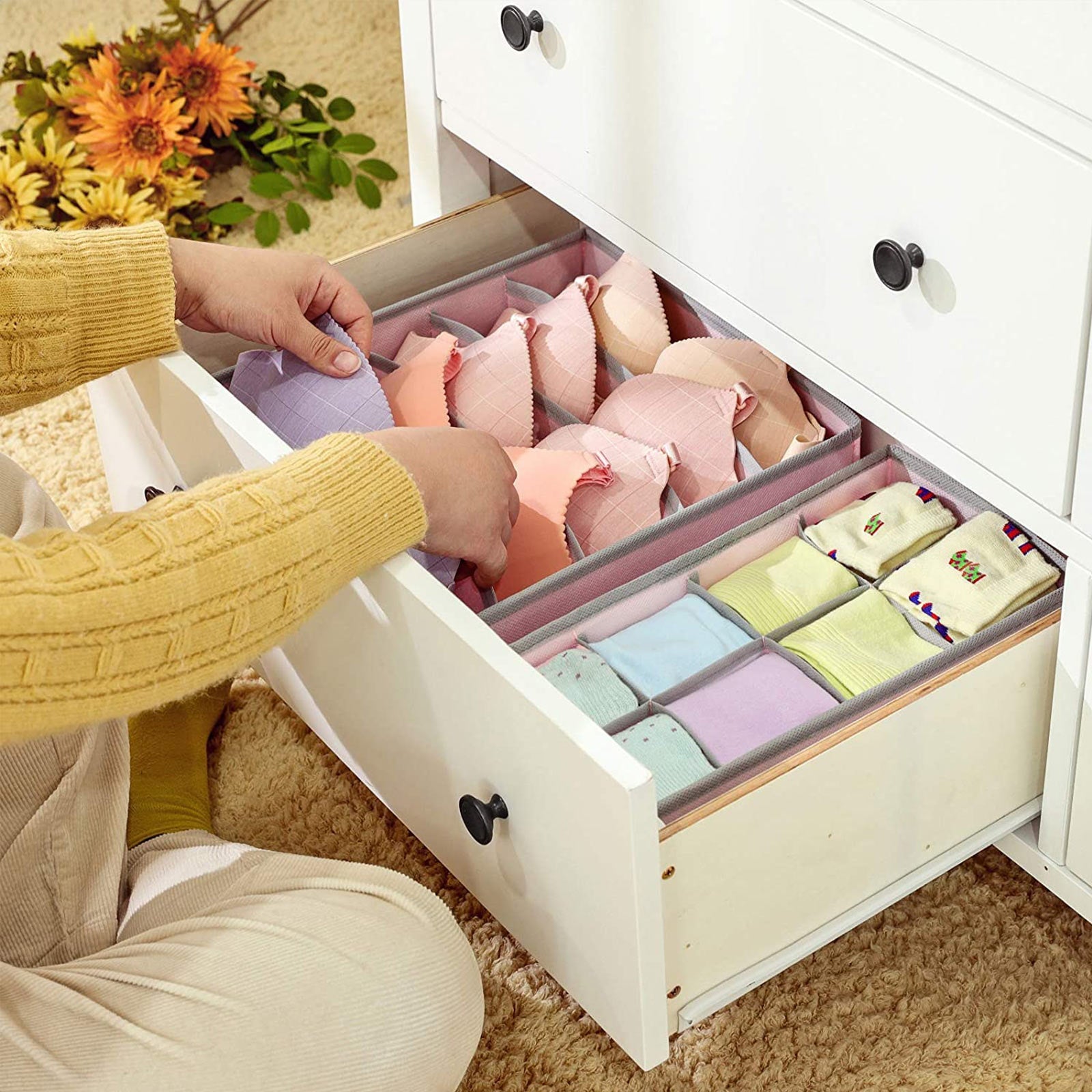 Foldable Storage Boxes Set – Fabric – Grey – Collapsible Drawer Organisers
