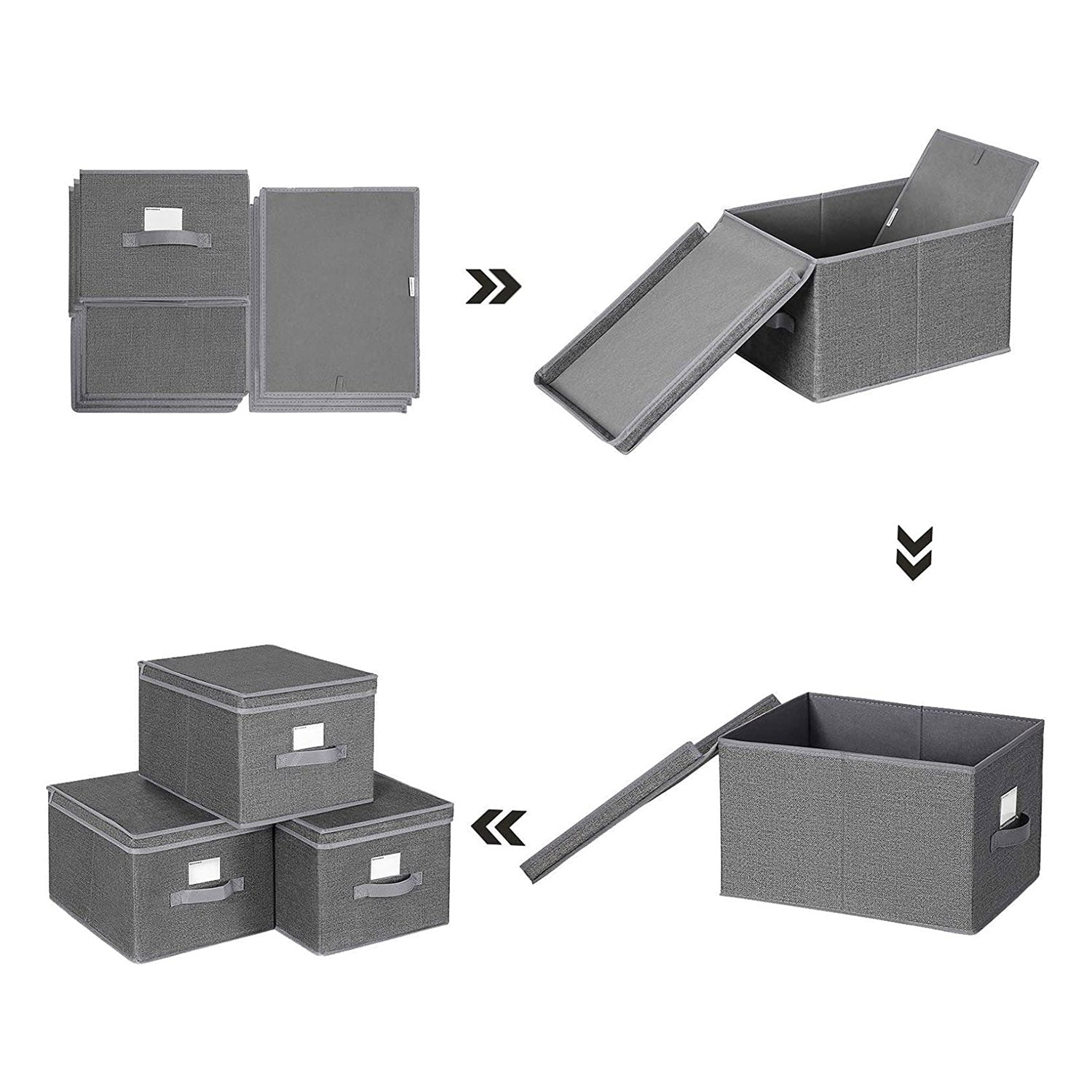 Foldable Storage Boxes Set – Fabric – Grey – Includes Clear Front Window and Lid