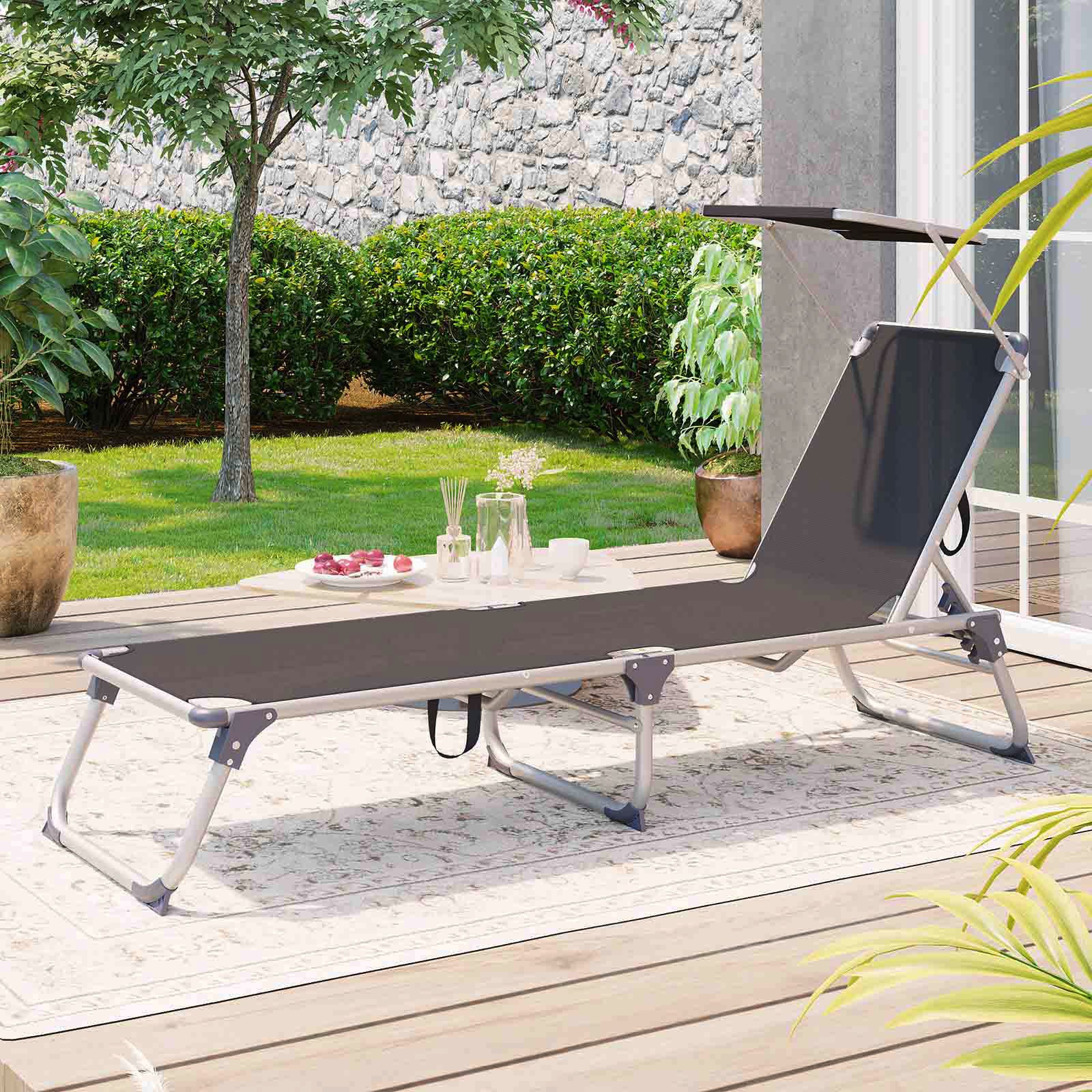 Foldable Sun Lounger – Lightweight Fabric – Dark Grey – Adjustable Backrest with Headrest and Sunshade