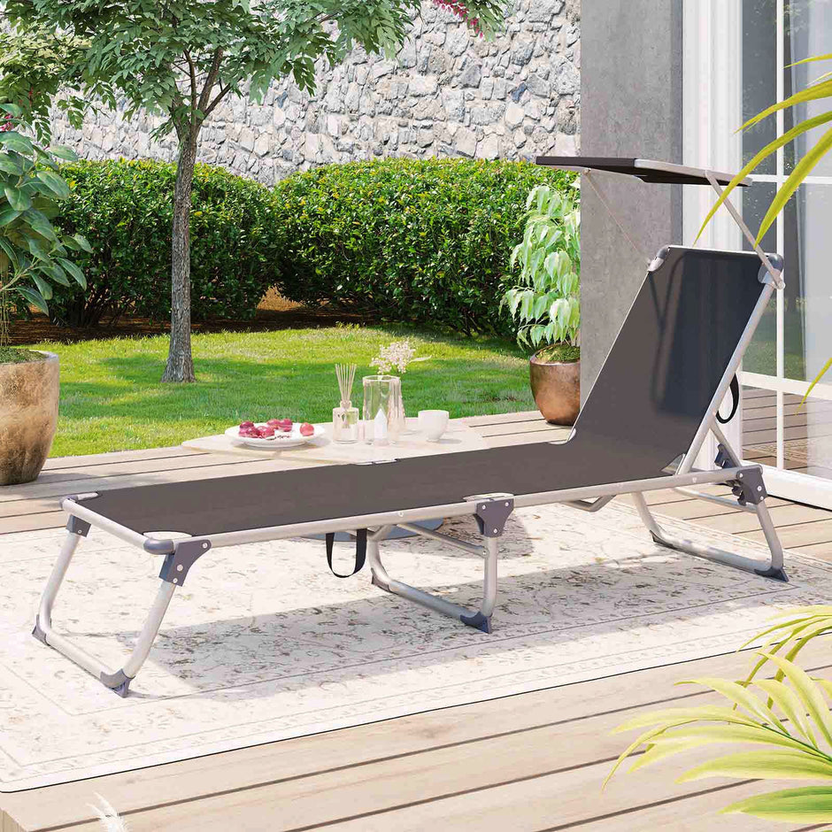 Foldable Sun Lounger – Lightweight Fabric – Dark Grey – Adjustable Backrest with Headrest and Sunshade