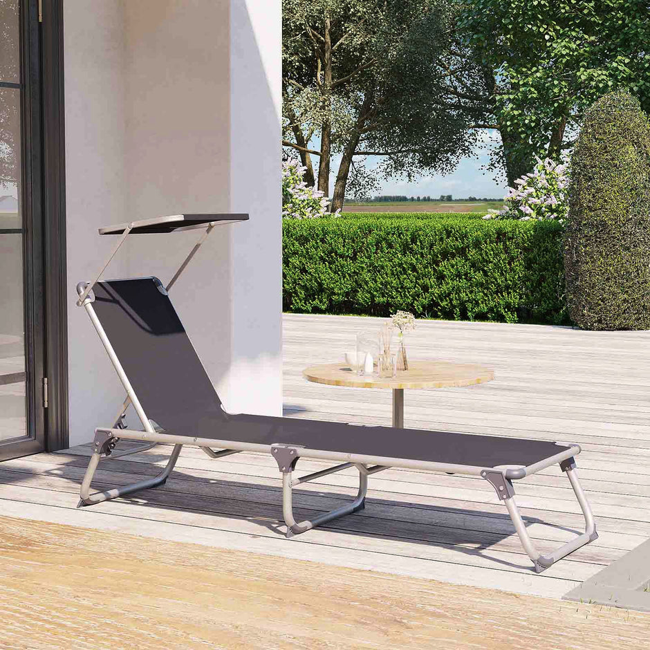 Foldable Sun Lounger – Lightweight Fabric – Dark Grey – Adjustable Backrest with Headrest and Sunshade