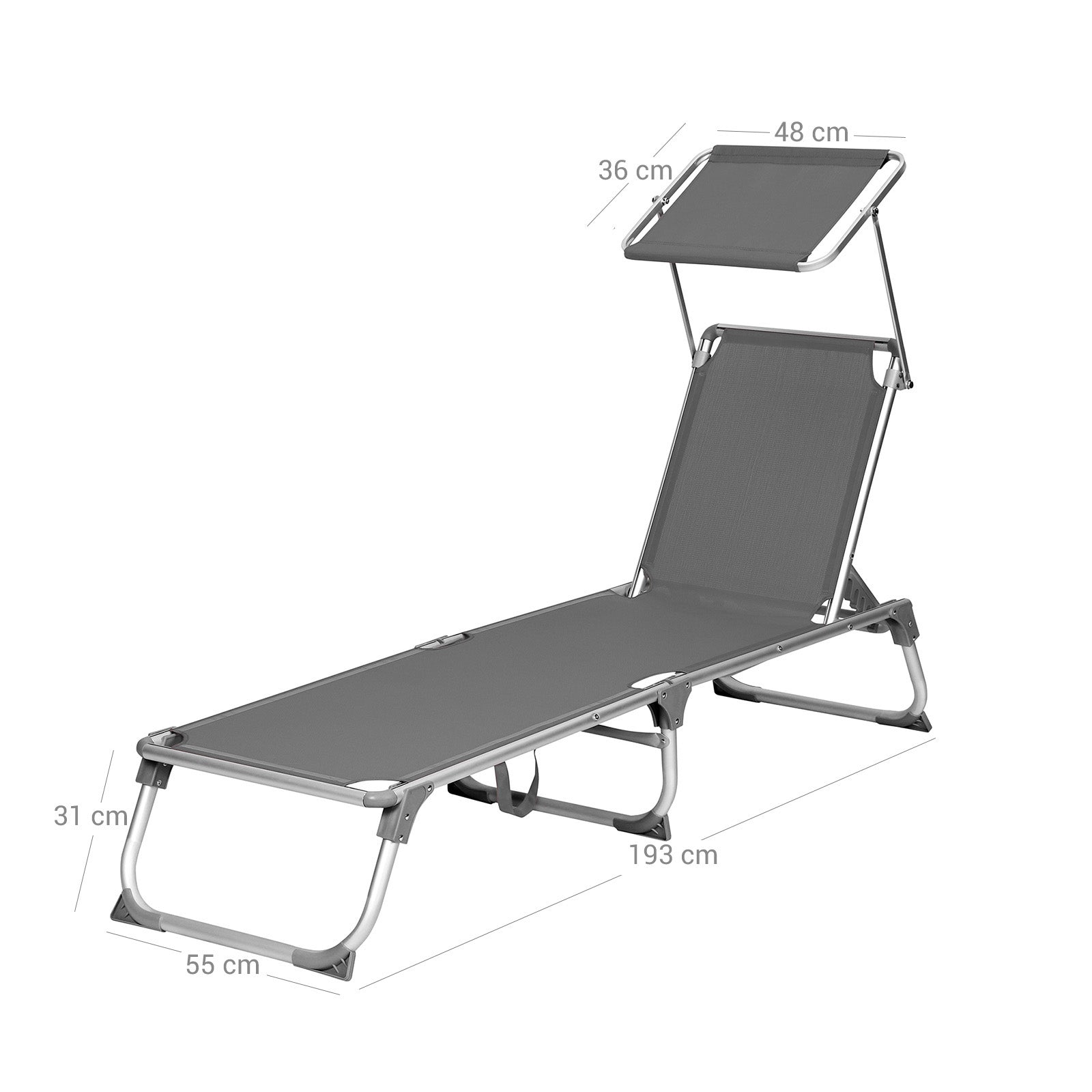 Foldable Sun Lounger – Lightweight Fabric – Dark Grey – Adjustable Backrest with Headrest and Sunshade