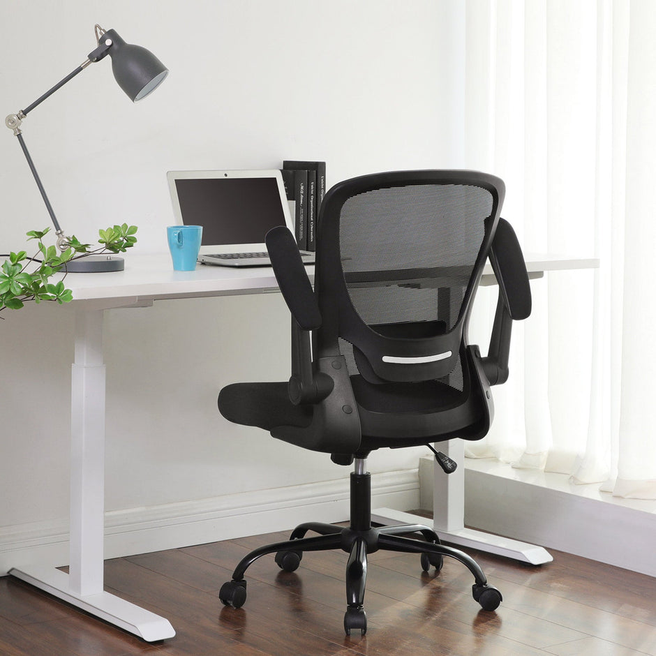 Mesh Office Chair – Fabric – Black – Ergonomic with Folding Armrests and Adjustable Lumbar Support