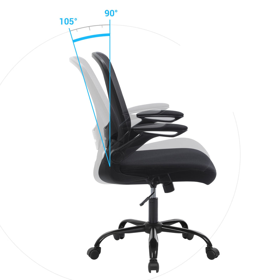 Mesh Office Chair – Fabric – Black – Ergonomic with Folding Armrests and Adjustable Lumbar Support