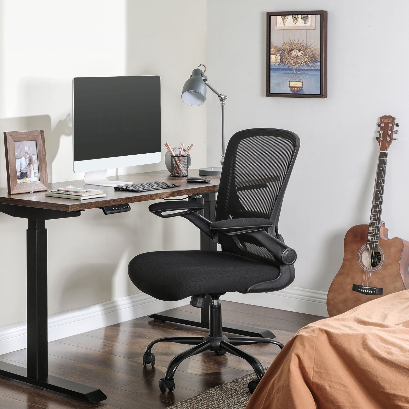 Mesh Office Chair – Fabric – Black – Ergonomic with Folding Armrests and Adjustable Lumbar Support
