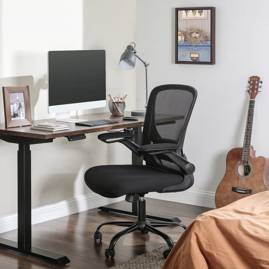 Mesh Office Chair – Fabric – Black – Ergonomic with Folding Armrests and Adjustable Lumbar Support