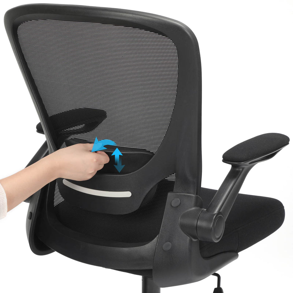 Mesh Office Chair – Fabric – Black – Ergonomic with Folding Armrests and Adjustable Lumbar Support