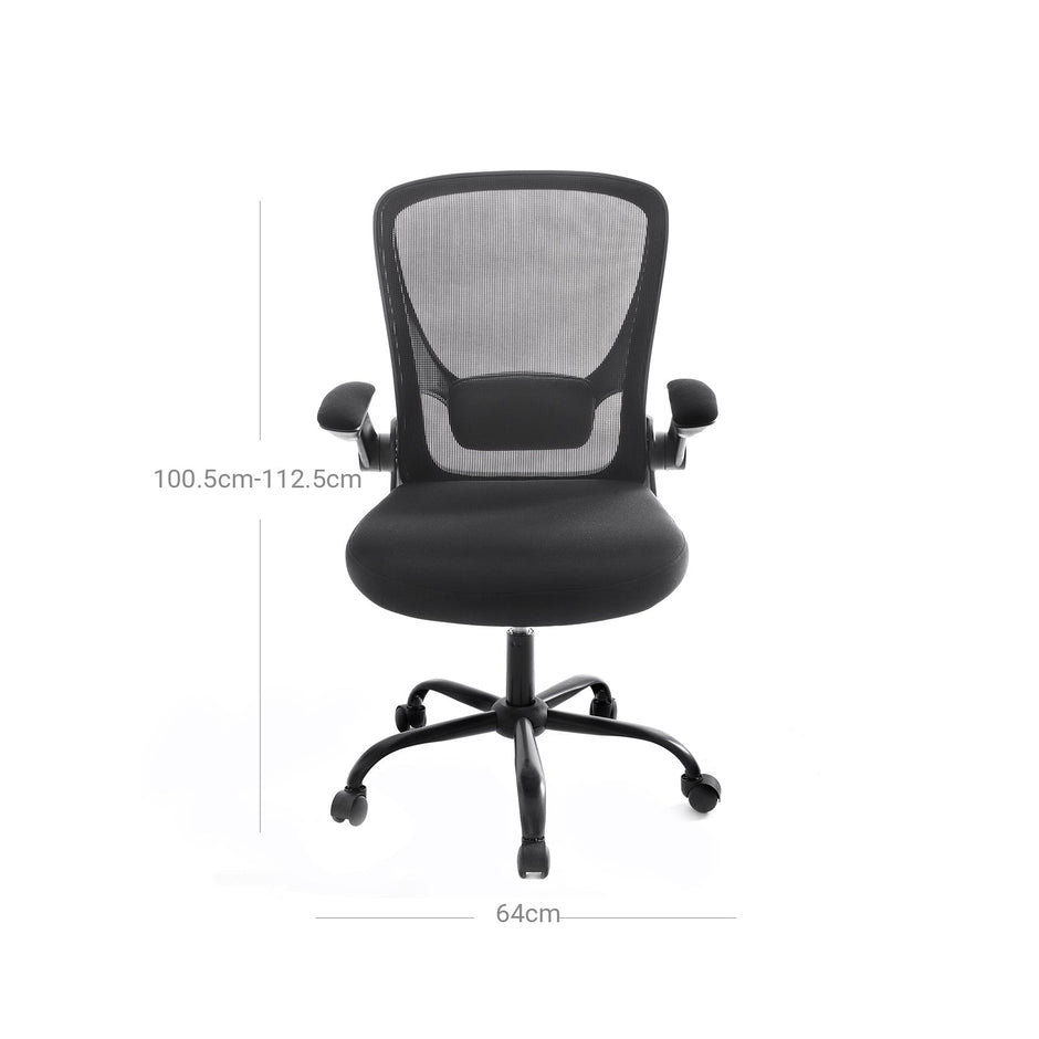 Mesh Office Chair – Fabric – Black – Ergonomic with Folding Armrests and Adjustable Lumbar Support
