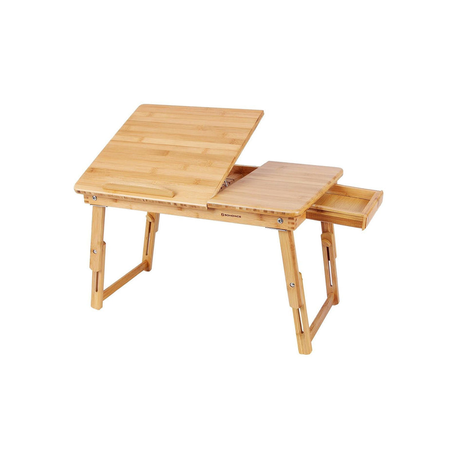 Folding Laptop Desk – Bamboo – Natural – Adjustable Height with Tilting Top and Drawer