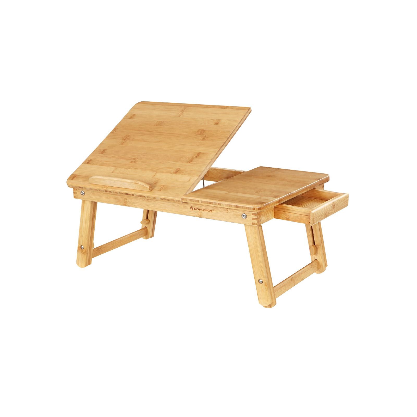 Folding Laptop Desk – Bamboo – Natural – Adjustable Height with Tilting Top and Drawer