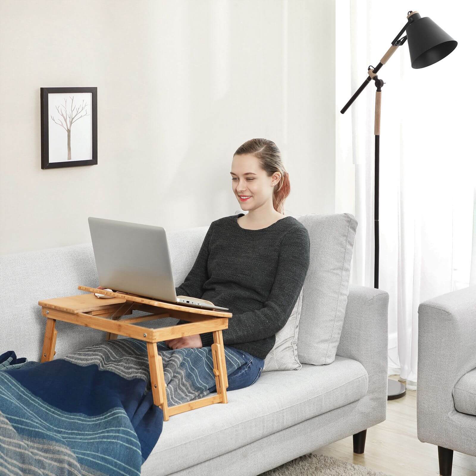 Folding Laptop Desk – Bamboo – Natural – Adjustable Height with Tilting Top and Drawer