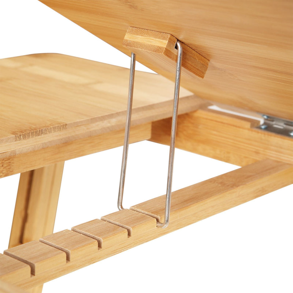 Folding Laptop Desk – Bamboo – Natural – Adjustable Height with Tilting Top and Drawer
