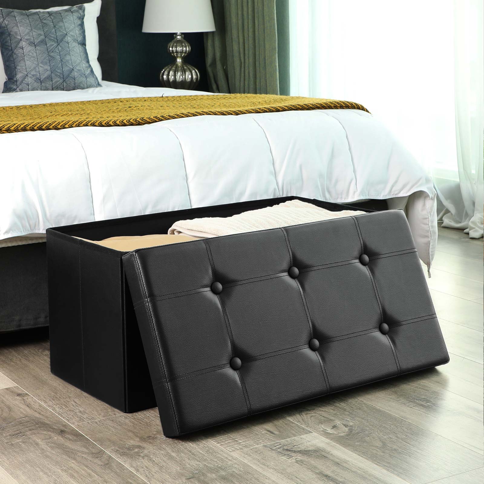 Folding Pouffe Ottoman – Fabric – Black – 80 Litre Storage Capacity, Soft Seating for Up to 3 People
