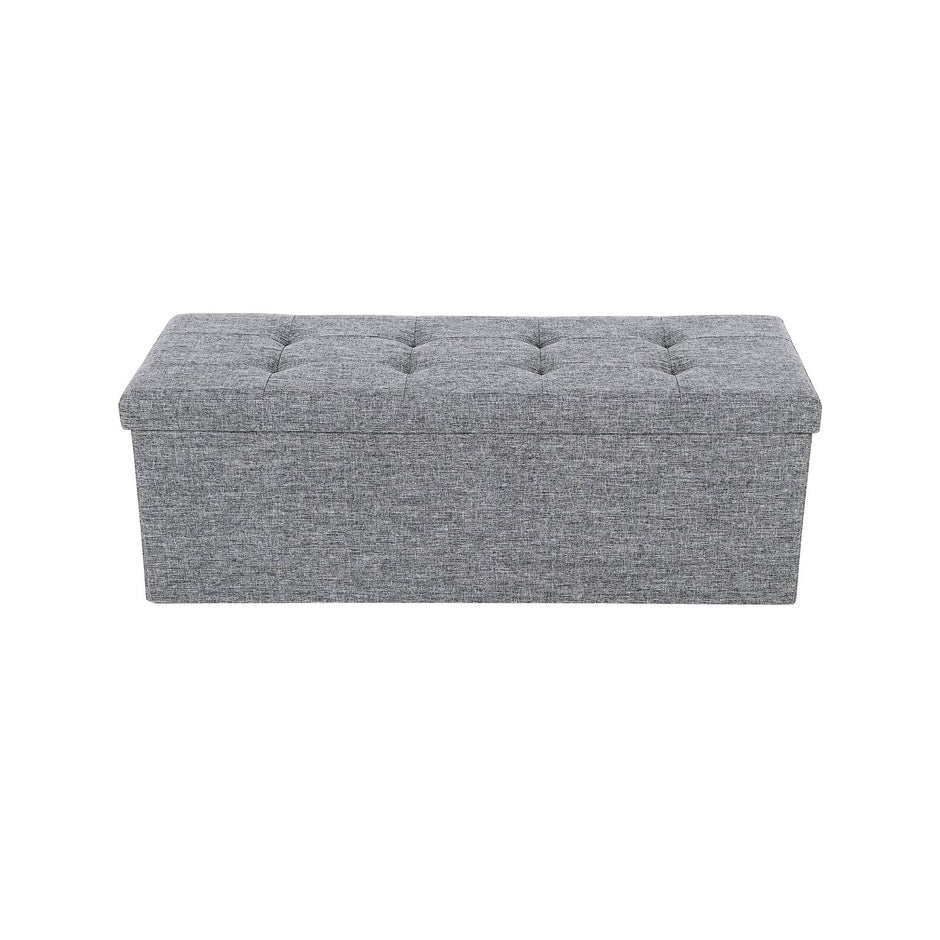 Folding Storage Ottoman – Linen Fabric – Light Grey – Large Size with Storage Compartment