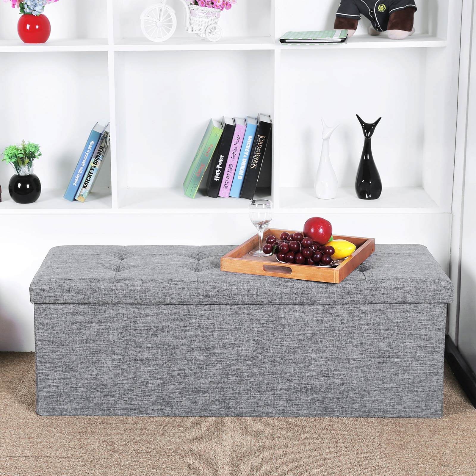 Folding Storage Ottoman – Linen Fabric – Light Grey – Large Size with Storage Compartment