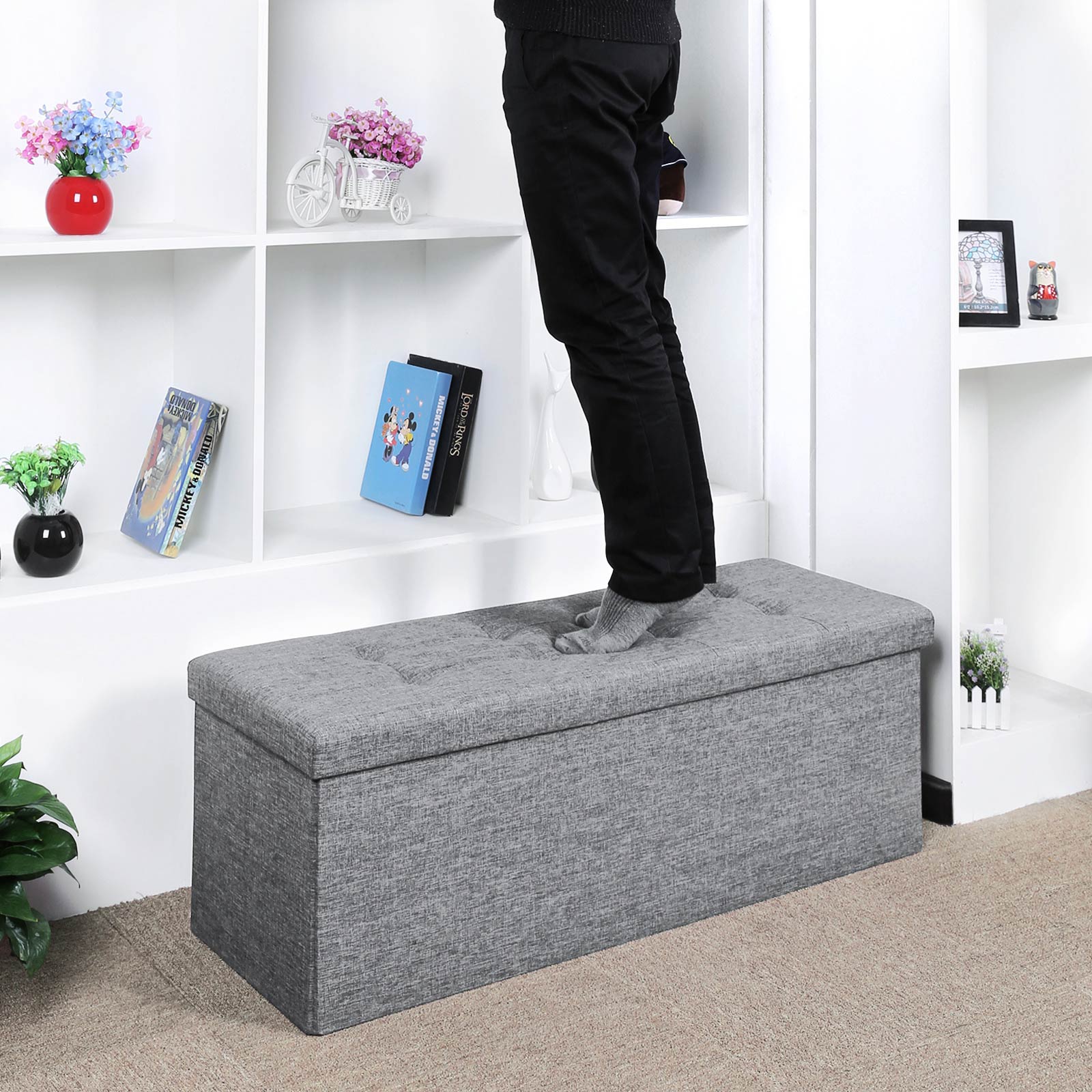 Folding Storage Ottoman – Linen Fabric – Light Grey – Large Size with Storage Compartment