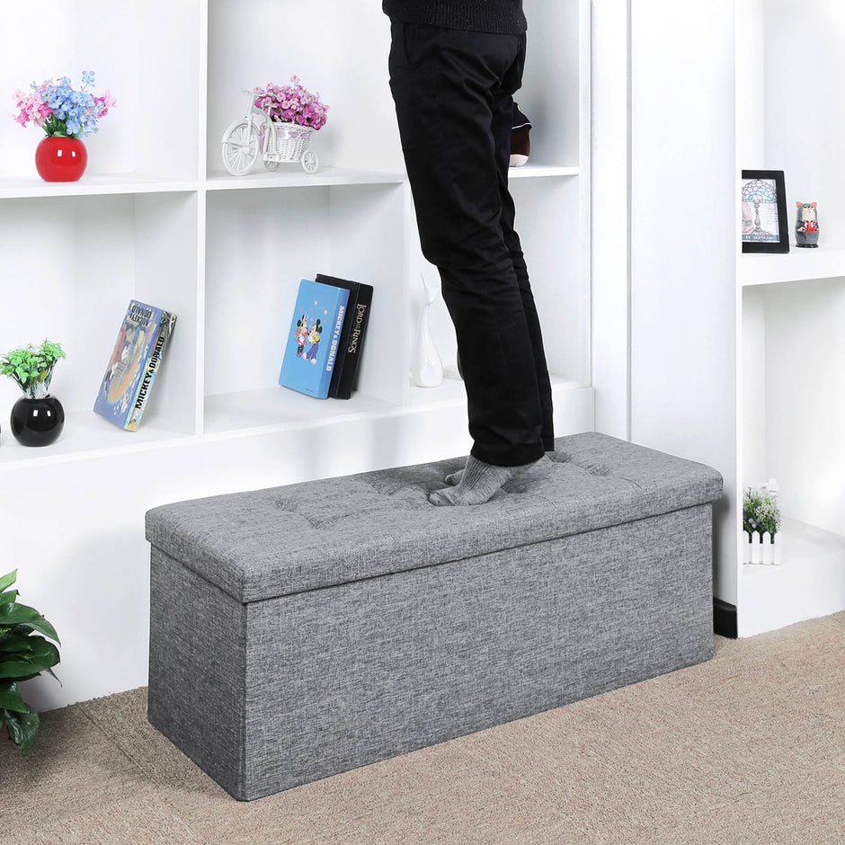 Folding Storage Ottoman – Linen Fabric – Light Grey – Large Size with Storage Compartment