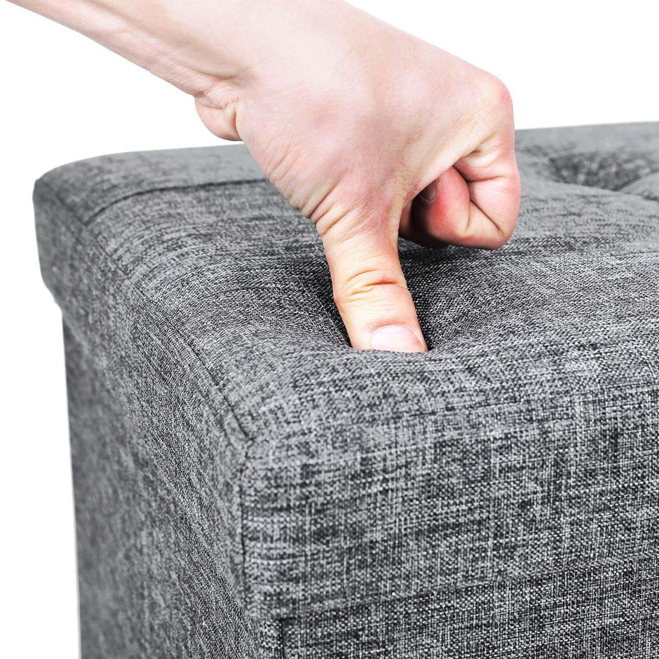 Folding Storage Ottoman – Linen Fabric – Light Grey – Large Size with Storage Compartment