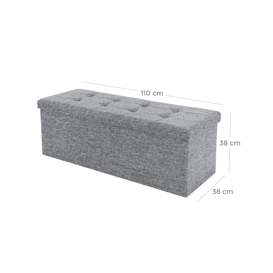 Folding Storage Ottoman – Linen Fabric – Light Grey – Large Size with Storage Compartment