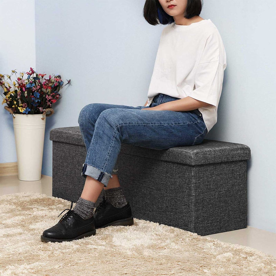Folding Storage Ottoman – Linen Fabric – Light Grey – Large Size with Storage Compartment