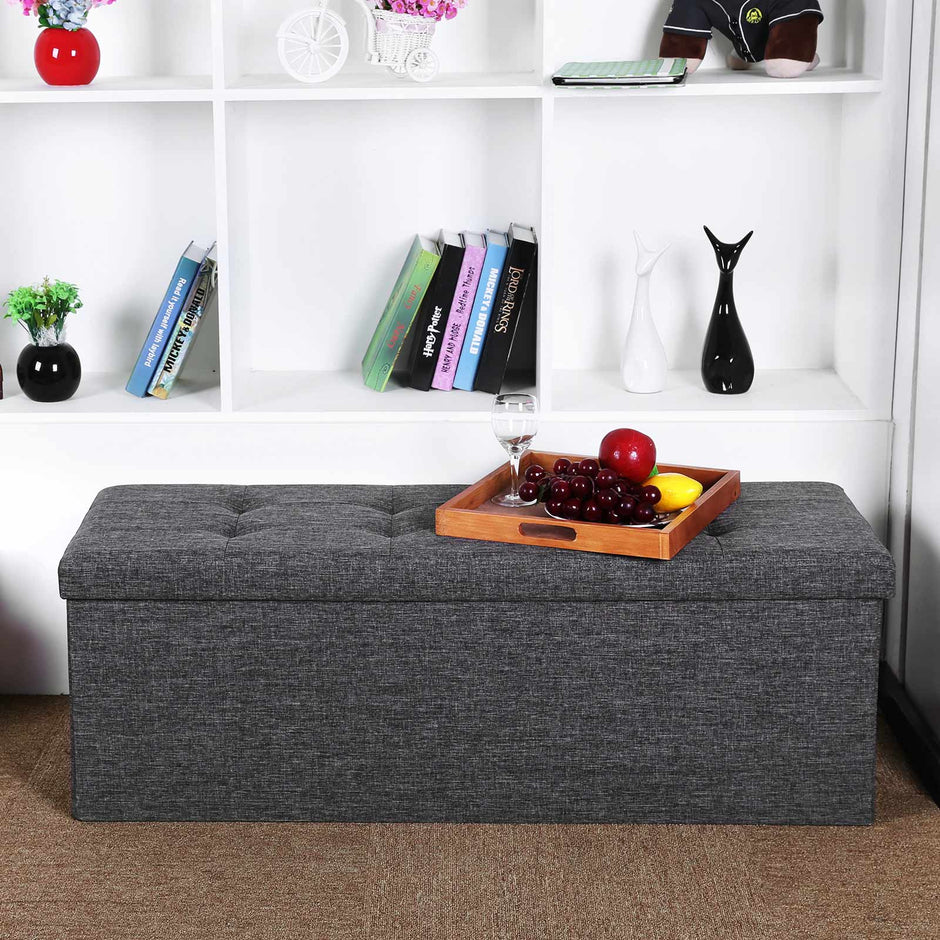 Folding Storage Ottoman – Linen Fabric – Light Grey – Large Size with Storage Compartment