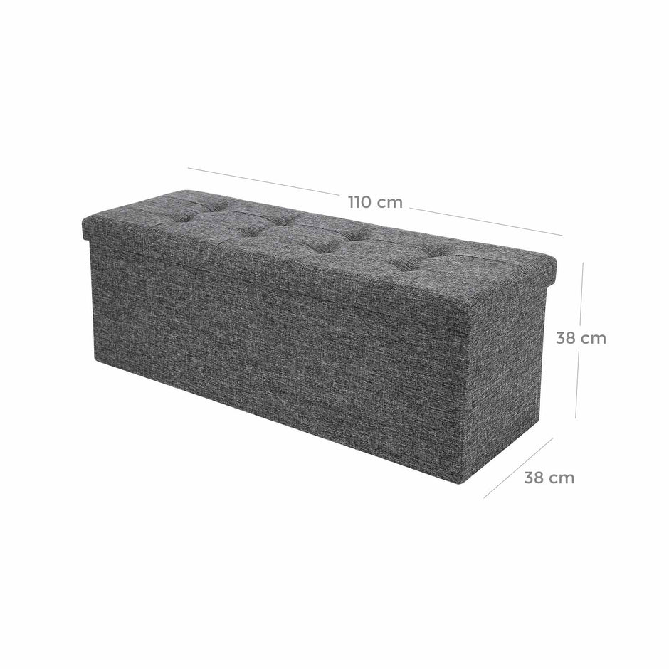 Folding Storage Ottoman – Linen Fabric – Light Grey – Large Size with Storage Compartment